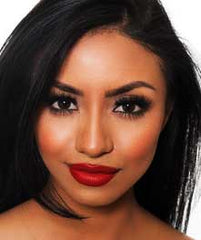 FIlipina woman wearing Argentine Red Tango lipstick by Plum & York