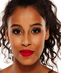 African American woman wearing Argentine Red Tango lipstick by Plum & York